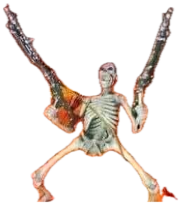Skeleton dual-wielding guns triumphantly in a fiery hellscape surrounded by burning skeletons sticker