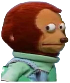 Puppet monkey looking away awkwardly to the side, pretending not to notice sticker