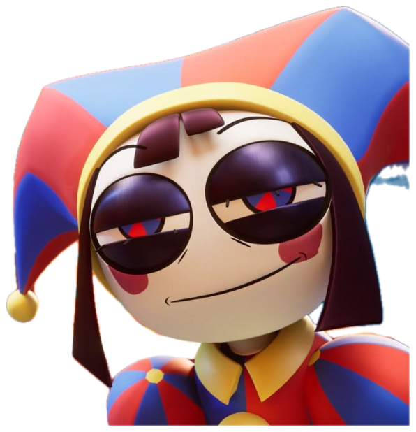 3D jester character with heavy-lidded eyes and a sly little smirk sticker