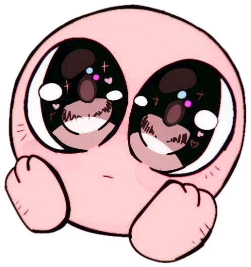 Pink blob cartoon with giant sparkling eyes and paws up, surrounded by hearts sticker
