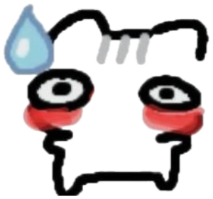 Sketchy cartoon face with huge red blush marks and a sweat drop labeled '*blush*' sticker
