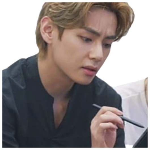 A blond man in black leaning in with a puzzled, focused frown, pen in hand sticker