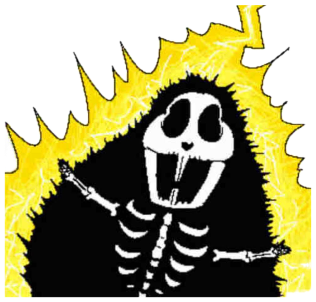 Cartoon skeleton surrounded by lightning and yellow energy, dramatically hyped sticker