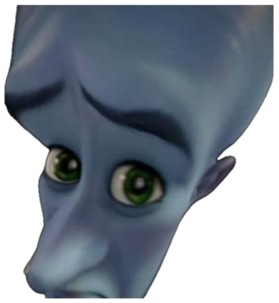 Megamind tilting his big blue head forward with wide green eyes in disbelief sticker