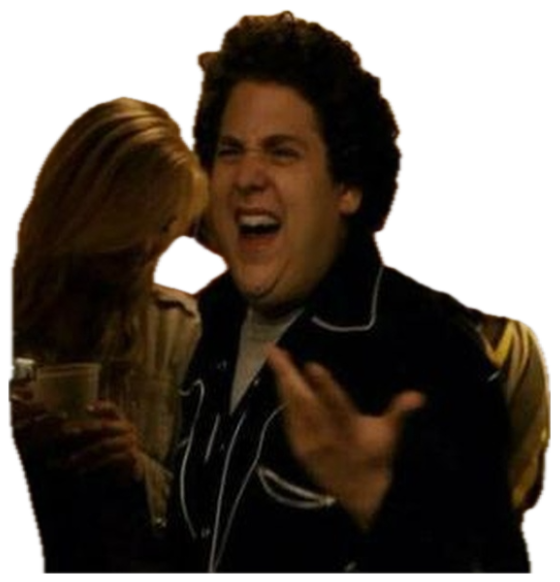 Man in a doorway laughing and gesturing wildly at a party sticker