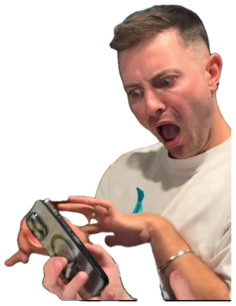 Man at a restaurant table screaming at his phone with his mouth wide open and finger pointing sticker