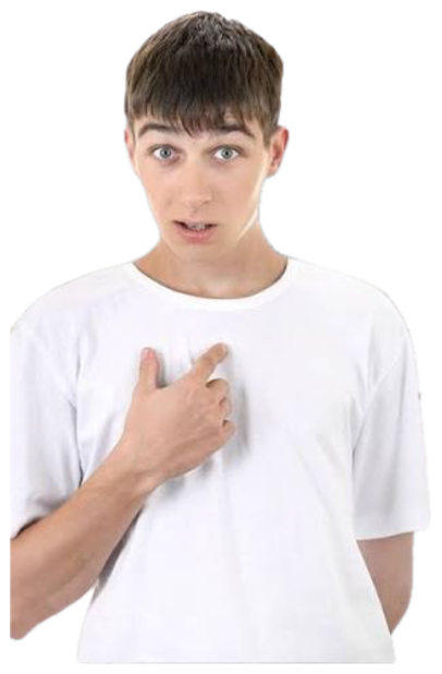 Wide-eyed teen pointing at himself, mouth open next to a broken-heart 'SMBAU?' caption sticker