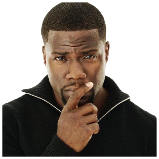 Kevin Hart in a black sweater resting his thumb on his lips with a skeptical, thinking look sticker
