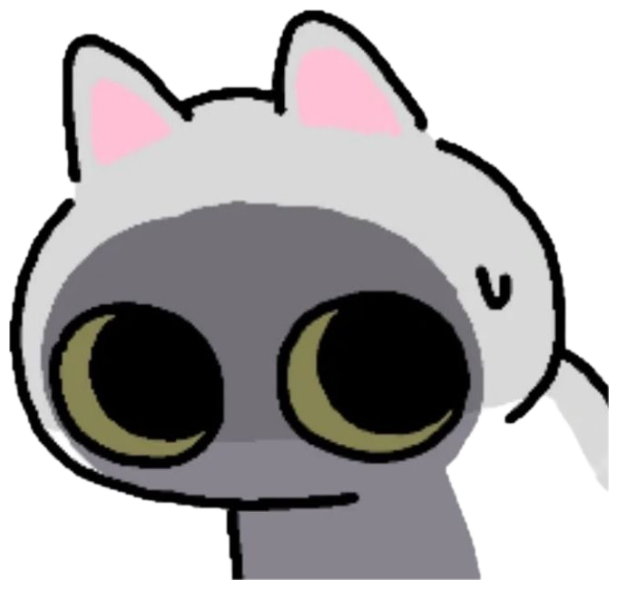 Cartoon gray cat in a white hoodie giving a wide-eyed, empty blank stare sticker