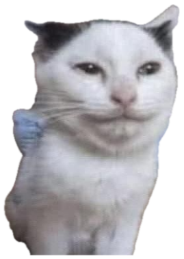 White cat with a strained, tight-lipped smile looking awkwardly at the camera sticker