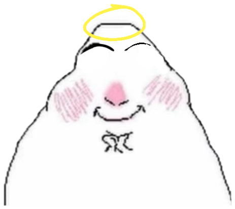 Blushing blob doodle with a smug little smile and a doodled yellow halo overhead sticker