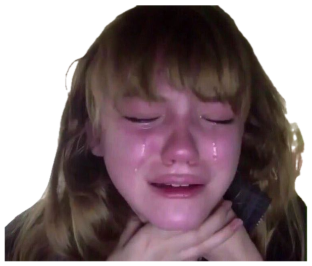 Girl with bangs crying softly with tears running down her face, hands under her chin sticker