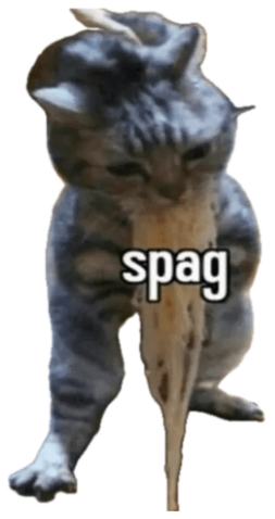 Grey cat drooling a long strand with a deadpan face, captioned 'spag' sticker