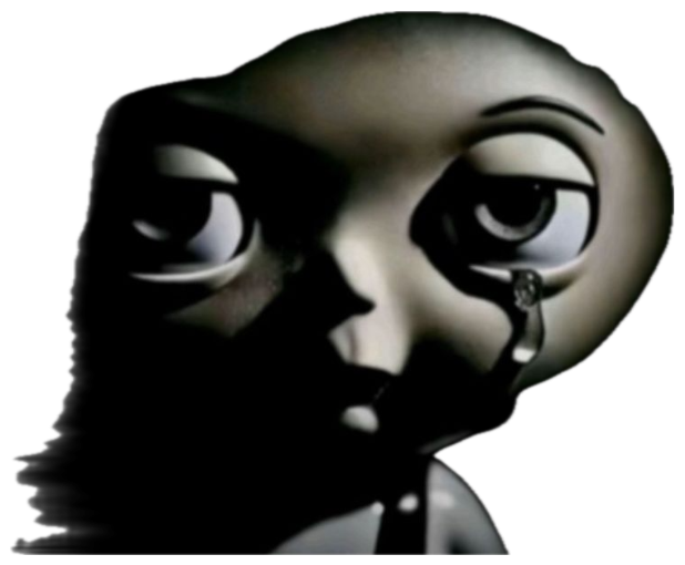 Dark animated doll face shedding a single tear in dramatic close-up sticker