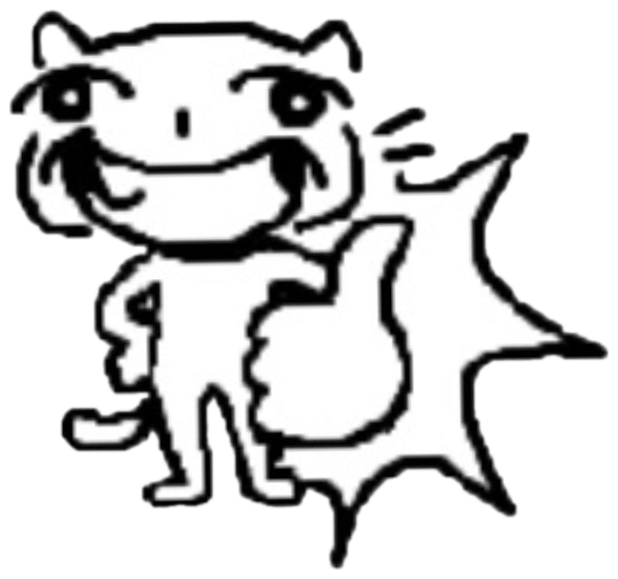 Crude line-art cat flashing a confident thumbs-up with a big goofy grin sticker
