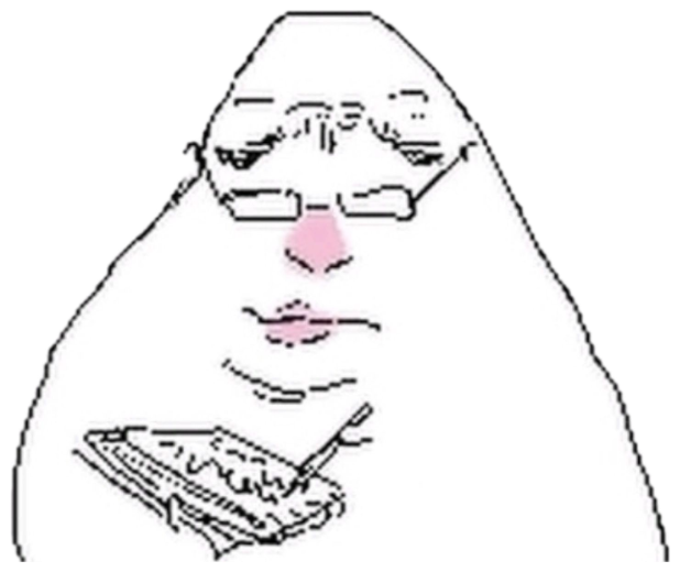 Crude MS Paint doodle face in glasses, blankly typing away on a keyboard sticker