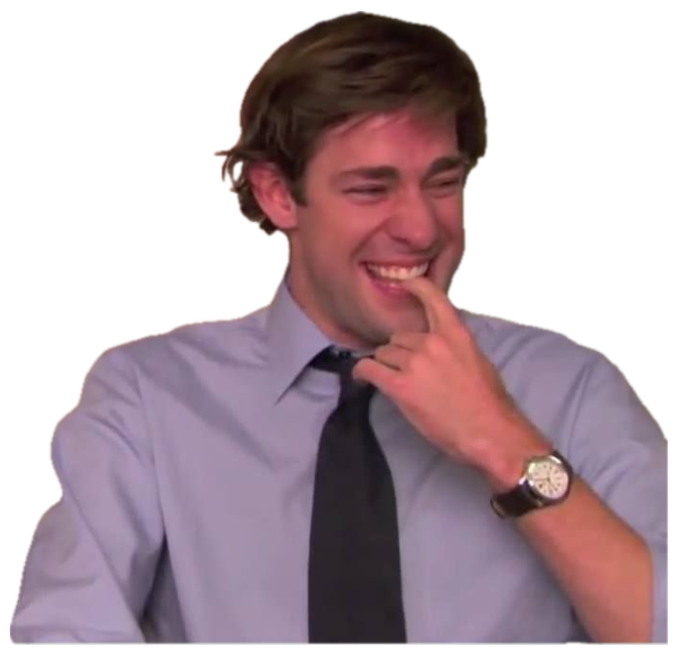 Office guy in a shirt and tie cracking up with a finger at his mouth sticker