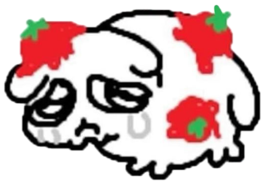 Sad troll-face doodle buried under a pile of strawberries, on the verge of tears sticker