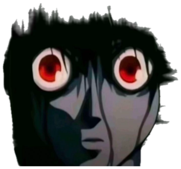 Anime character with glowing red eyes staring in wide-eyed shock in the dark sticker
