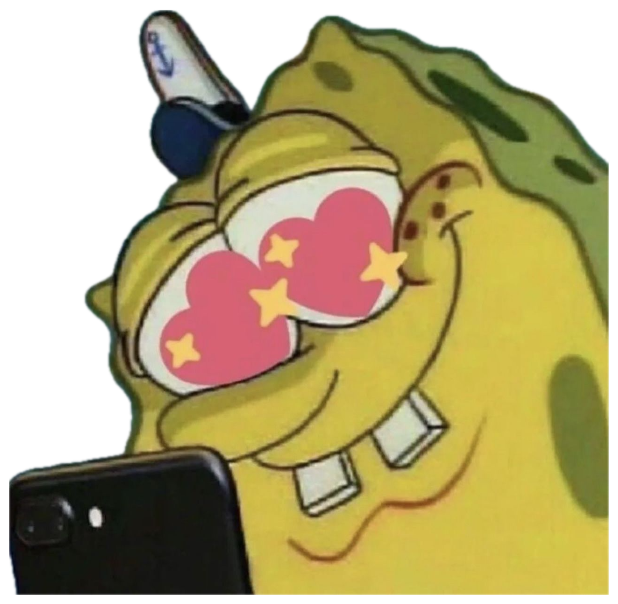 SpongeBob staring at a phone with big pink heart eyes sticker