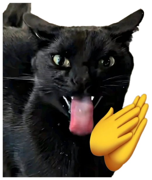 Black cat with tongue out mid-lick, paired with a clapping hands emoji sticker