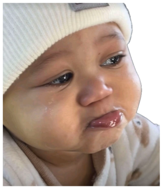 Baby in a cream beanie with tears streaming down, lip pushed out in a pout sticker