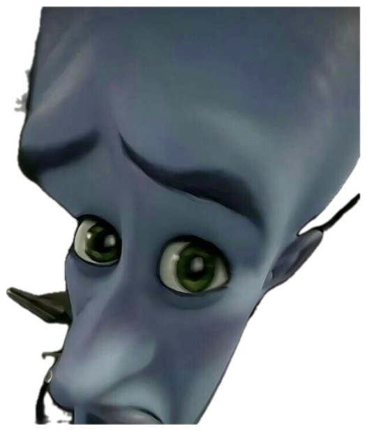 Megamind staring up with wide, worried eyes from a very low angle sticker