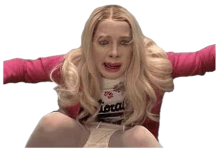 Person in a blonde wig and pink outfit sitting against a wall with a panicked, desperate expression sticker