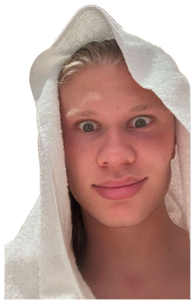Blond guy with a towel on his head giving a wide-eyed, blank deadpan selfie sticker