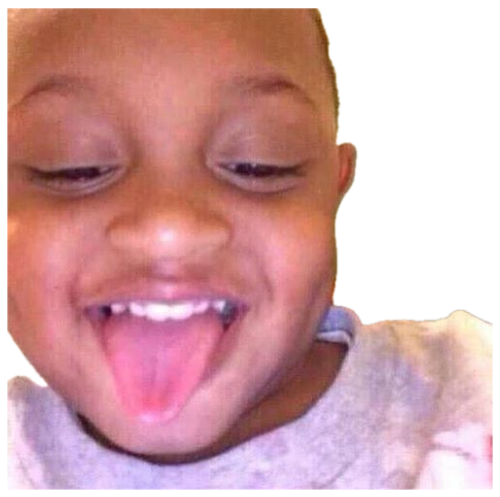 Toddler with squinty eyes and wide grin sticking tongue way out in silly delight sticker