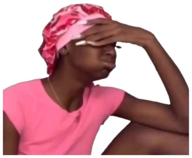 Woman in a pink bonnet pressing her hand to her forehead in total exasperation sticker