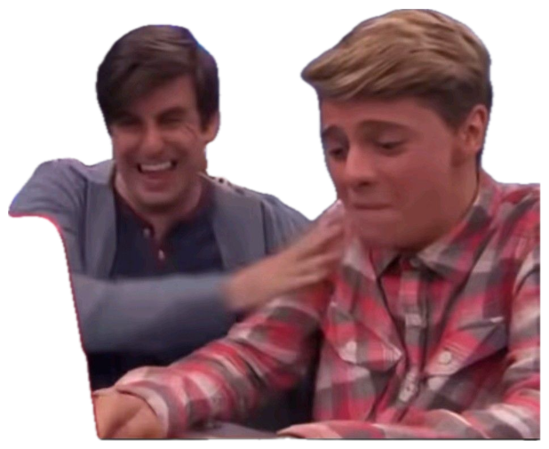 One guy laughing while patting a second guy's shoulder who looks uncomfortable at a laptop sticker