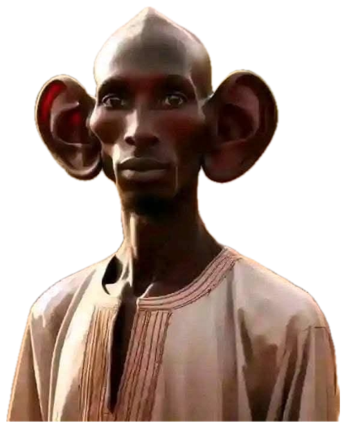 AI-generated man with enormous flat ears standing in a village with a neutral stare sticker