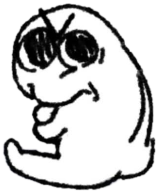 Minimalist doodle creature sitting hunched with a scheming smirk sticker