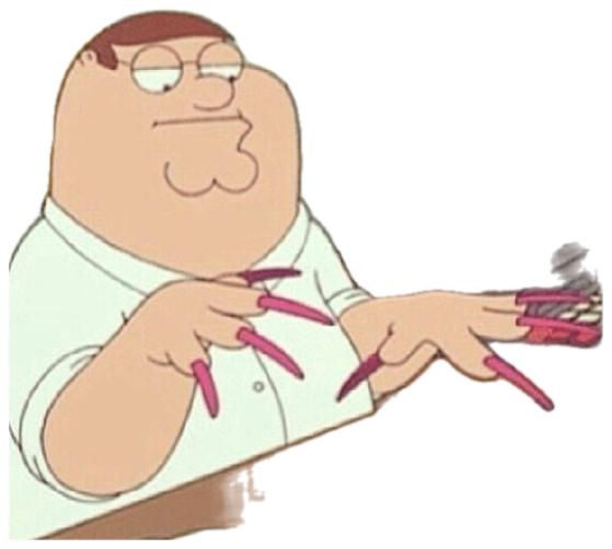 Peter Griffin squinting in frustration as he types with huge pink acrylic nails sticker