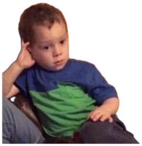 Little kid slouched in a chair with a blank, unbothered stare and a hand at his head sticker