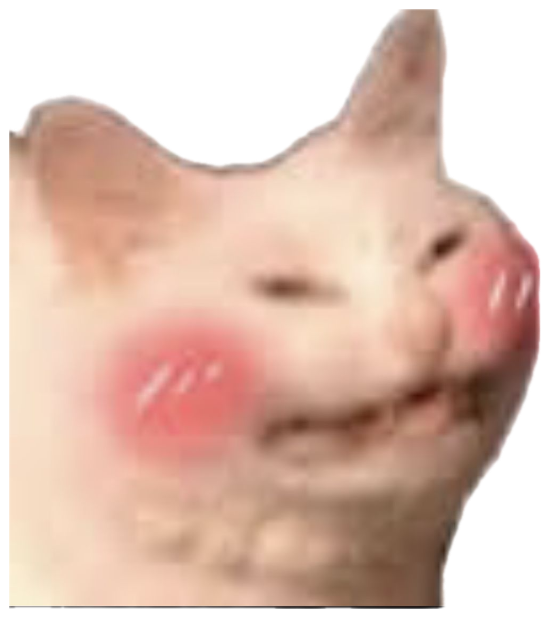 White cat face cutout with rosy flushed cheeks and a coy little smile sticker