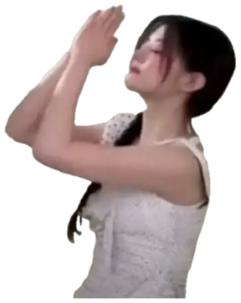Woman in a hallway clapping her hands together with her eyes shut sticker