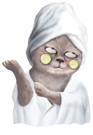 Illustrated cat in a robe and towel with cucumber slices on its eyes, feeling fabulous sticker