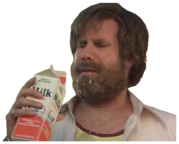 Bearded man eyeing a carton of milk with a weary, unimpressed frown sticker