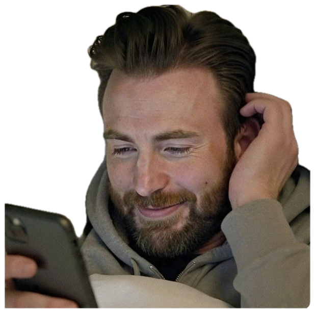 Bearded man lying in bed grinning softly at his phone sticker