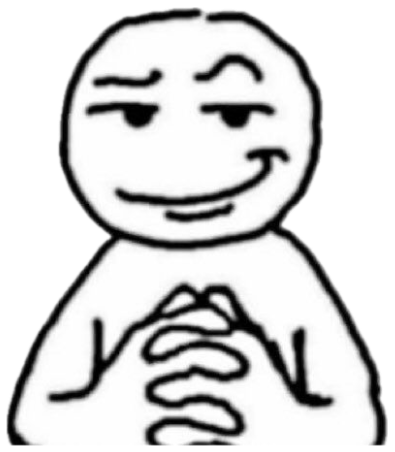 Sketch-style meme figure with a sly smirk and fingers steepled like a villain sticker