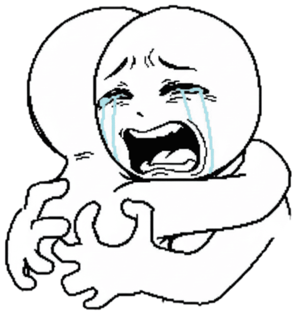 Rage-comic figure sobbing with big tears while clutching itself in a dramatic ugly cry sticker