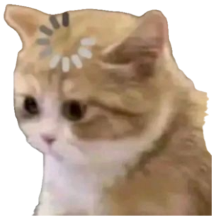 Fluffy ginger kitten with a loading spinner over its head, brain clearly buffering sticker
