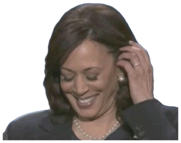 Kamala Harris looking down with a bashful laugh, tucking hair behind her ear sticker