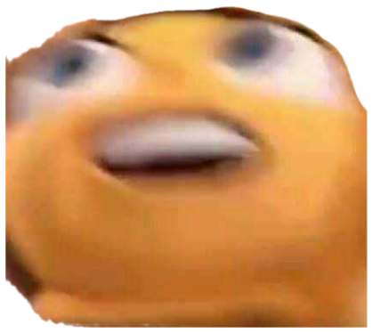 Extreme blurry close-up of a distorted orange puppet-like face with a dopey grin sticker