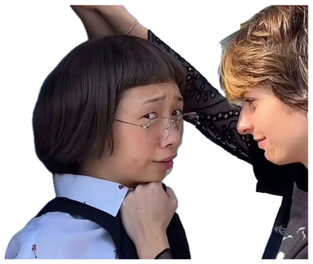 Person pinned against a wall wearing a wide-eyed, cornered look while someone leans in close sticker