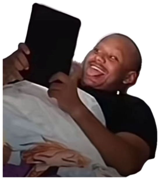 Guy lying in bed holding a tablet, mouth wide open laughing hysterically at the screen sticker