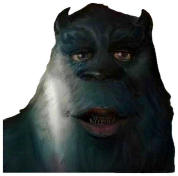 Horned blue monster from a movie leaning in with an unsettling grin in the shadows sticker
