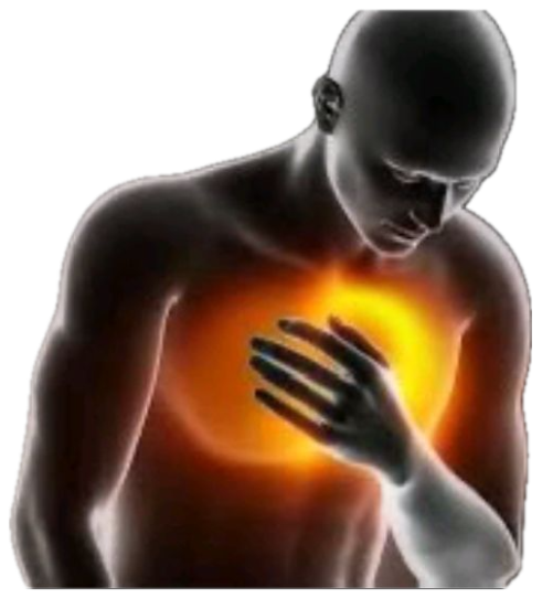 Glowing 3D figure clutching its chest in pain over a glowing red heart area sticker